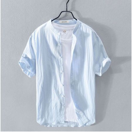 Stand Collar Linen Shirt Men's Short Sleeve Loose Casual Cotton And Linen Shirt Linen Fabric Top